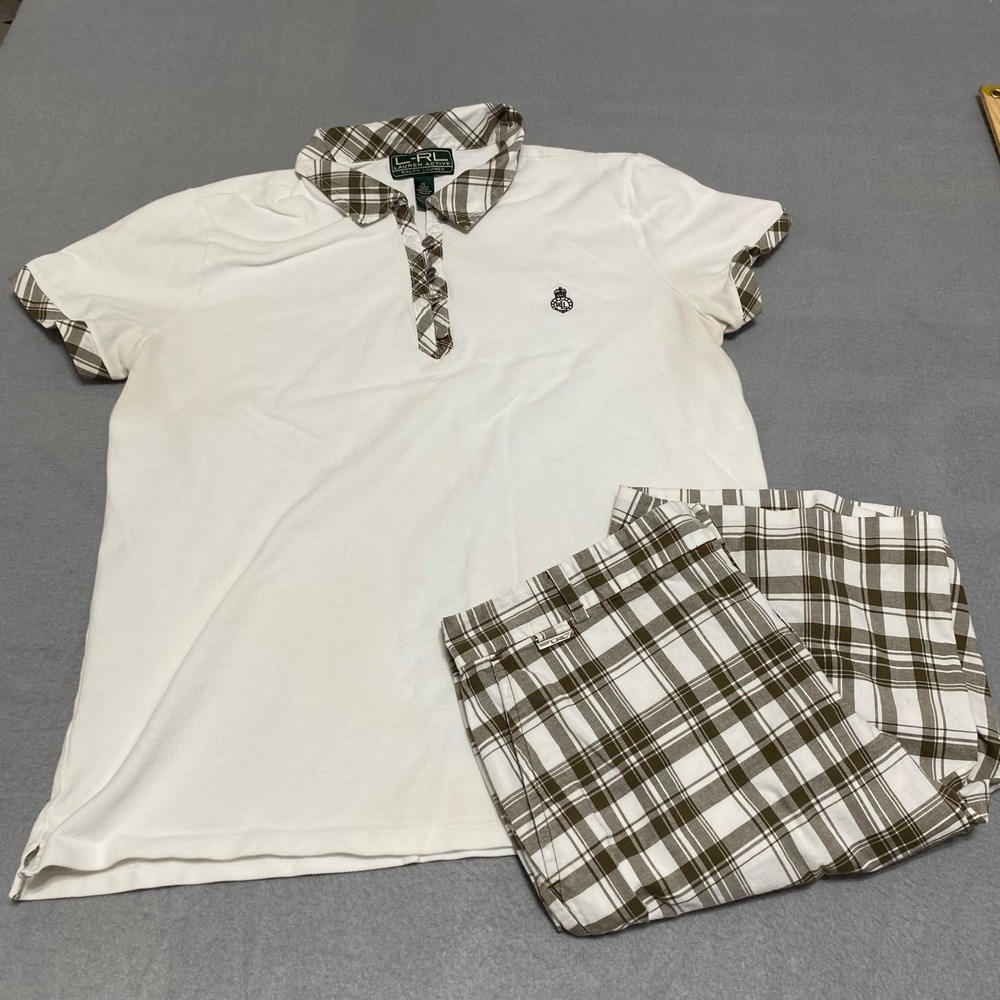 Lauren Active Ralph Lauren Womens Golf Set White Polo Brown Plaid Shorts XL 10
